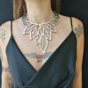 Yellow gold color lace V bib necklace, minimalist plant leaves design - Image 2