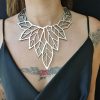 Yellow gold color lace V bib necklace, minimalist plant leaves design - Image 3