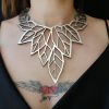 Yellow gold color lace V bib necklace, minimalist plant leaves design