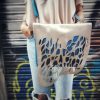 Gins blue & metallic gray shoulder bag with organic textured flap