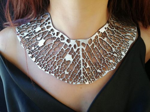 Silver leather lace necklace, organic plant leaf design