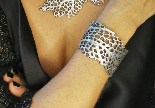 Platinum color leather bracelet with sea coral textured design