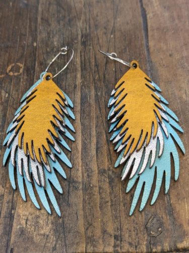 Yellow leather, silver and shiny turquoise laser-cut leather wing earrings