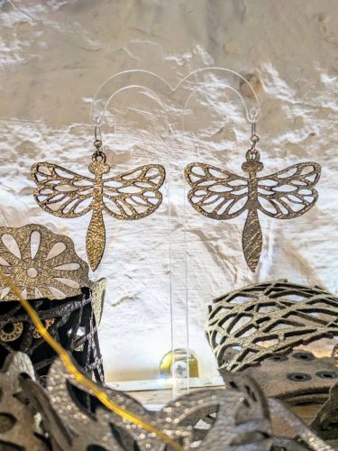 Dragonfly Shape Gold Leather Earrings, Boho Silver Accents