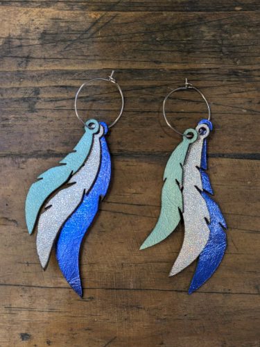 Sea waves earrings in 3 layers, navy blue laser cut shiny hoops