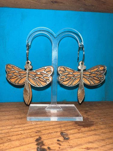 Laser cut gold & yellow dragonfly leather earrings